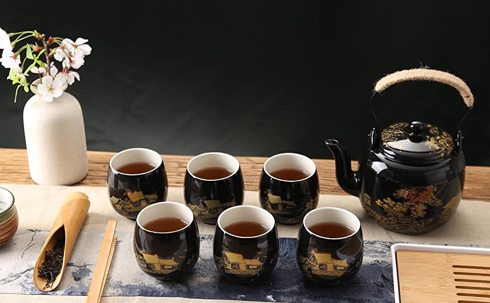 Ceramic Mini Kungfu Tea Set,Japanese Tea Set, Porcelain Tea  Set With 1 Teapot Set, 4 Tea Cups,Asian Tea Set For Tea Lover/Women/Men  (Color : Black B): Tea Sets