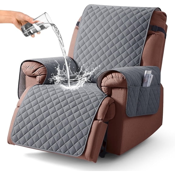 Recliner Chair Cover, Reversible Chair Cover Slipcover Waterproof Couch Cover Recliner Furniture Protector with Elastic Straps, Pockets Non-Slip Washable Pet Cover for Dogs Cats(23.6", Dark Grey)