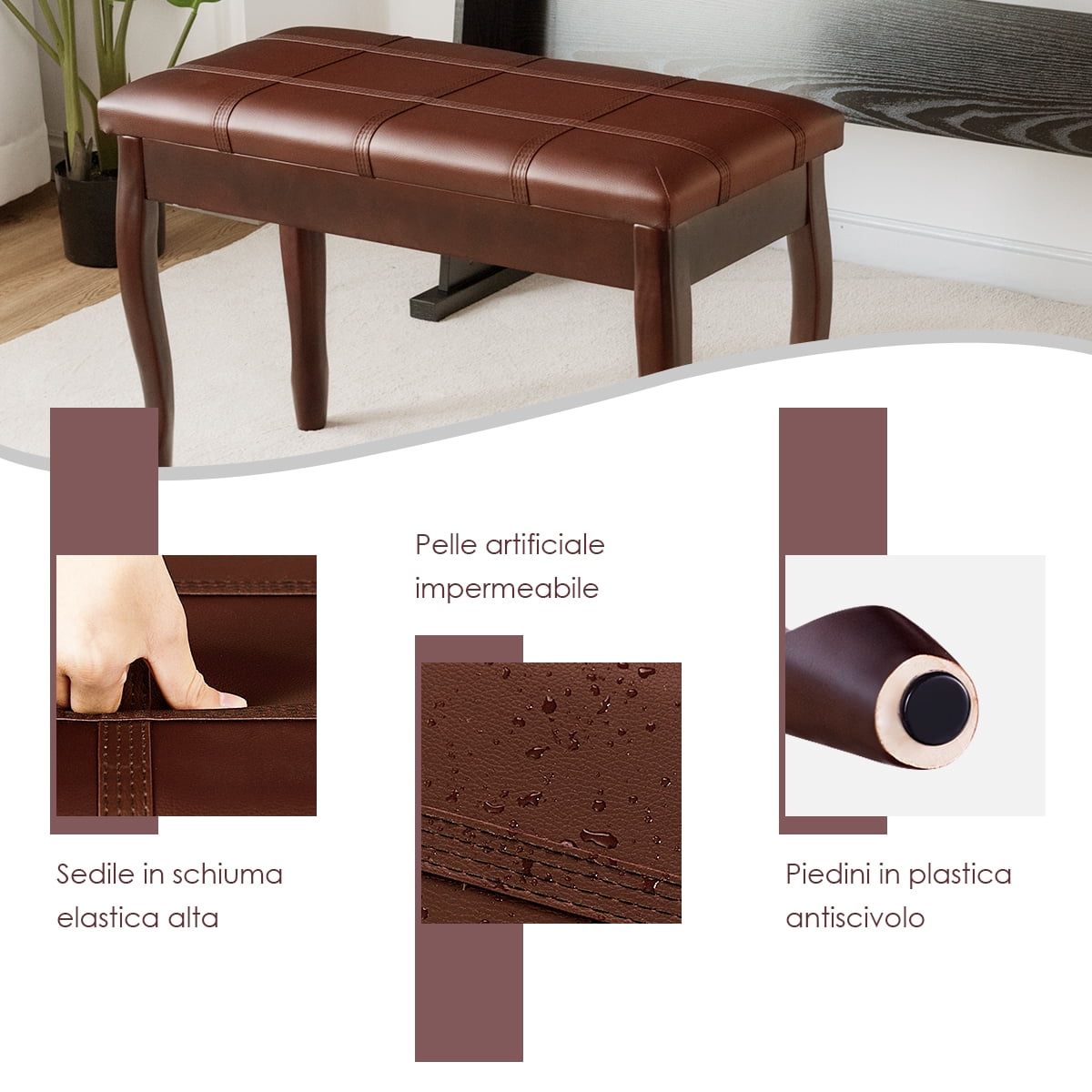 Topbuy Piano Bench Wood Padded Double Duet Keyboard Seat w/ Storage Box Brown
