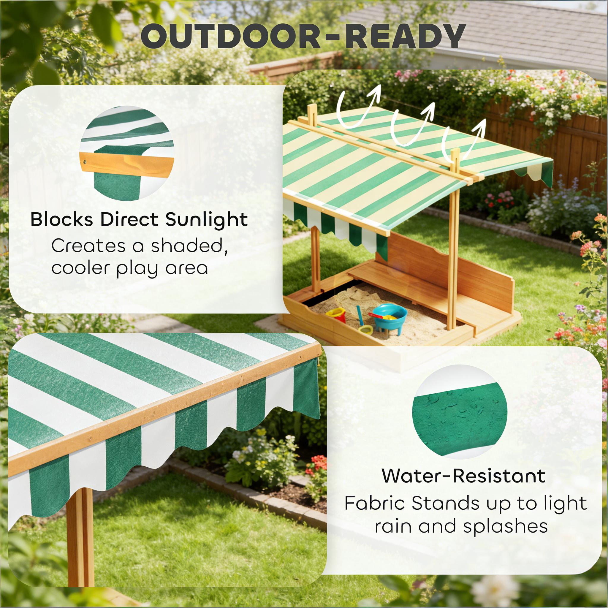 Kids Wooden Sandbox with Adjustable Canopy & Convertible Lid, Detachable Backrest Benches, Non-Woven Bottom Liner, Light Brown Fir Wood Outdoor Sand Pit, Ages 3-7