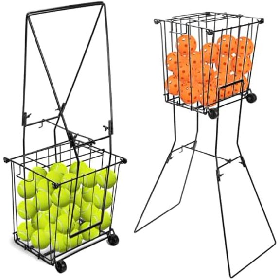 Portable Pickleball Tennis Ball Collector with Wheel, 90 Tennis Balls Capacity, Pickleball Retriever Basket Carrier Gatherer Picker Hopper Container for Picking and Storage Training Tool for Ball