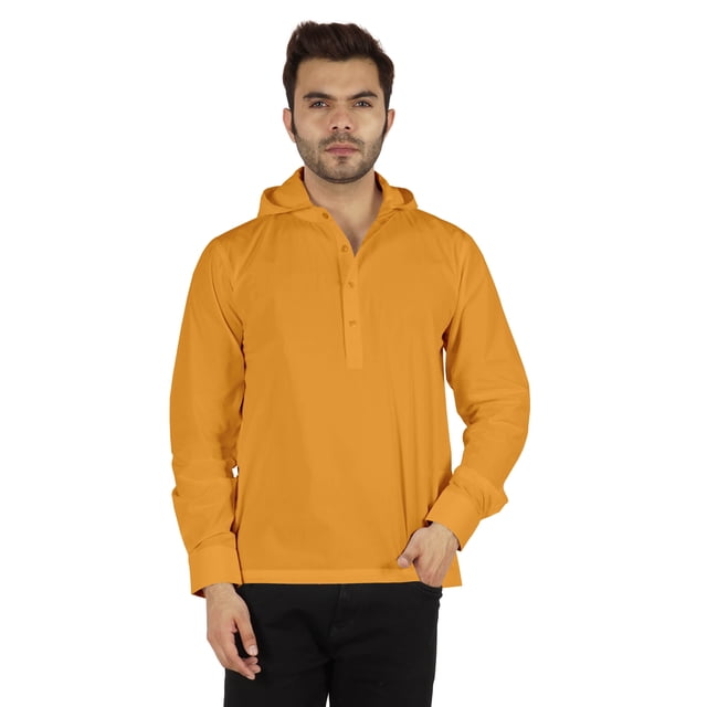 Inkmeso Kurta Court Henley Uni à Capuche pour Hommes T-shirt en Coton à Manches Longues Coupe Régulière Tenue d'Été