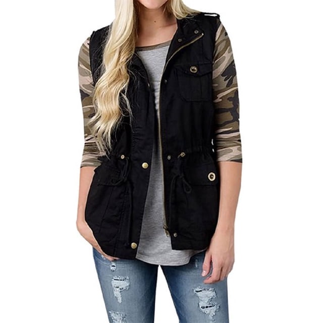 ZAXARRA Woman's Waistcoat Cardigan Solid Color Lapel Zipper Casual Jacket