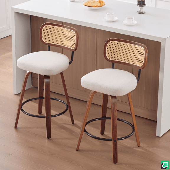 LEGAHOME Bar Stools set of 2, 26” Swivel Counter Height Bar Stools with Cane Rattan Back and Linen Seat, Modern Farmhouse Bar Stools for Kitchen Island, Bar, Dining Room, Walnut   Beige