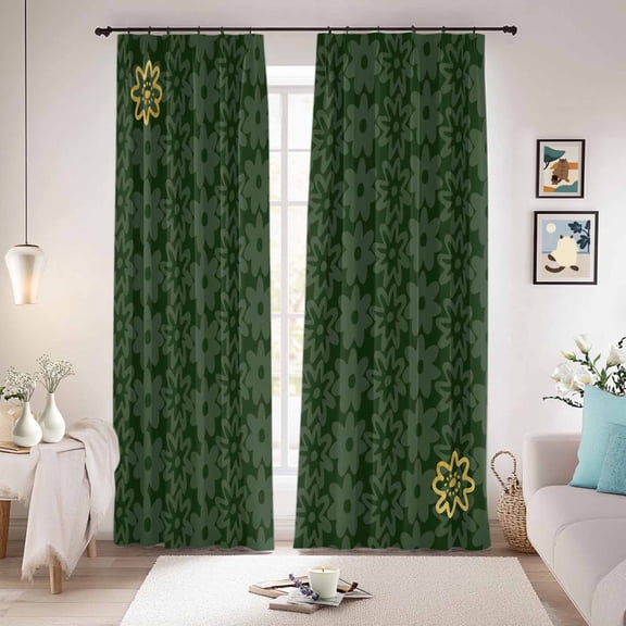 Dark Green Gold Floral Blackout Curtains for Bedroom/Living Room, Pinch Pleated Black Out Curtains, Modern Abstract Art Spring Flowers Room Darkening Window Drapes with Hooks 2 Panels, 59"x70"