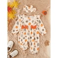 thumbnail image 4 of Hirigin Newborn Baby Girl Halloween Outfits Cotton Linen Puff Sleeve Ruffle Pumpkin Print One Piece Jumpsuit Romper Fall Clothes, 4 of 9