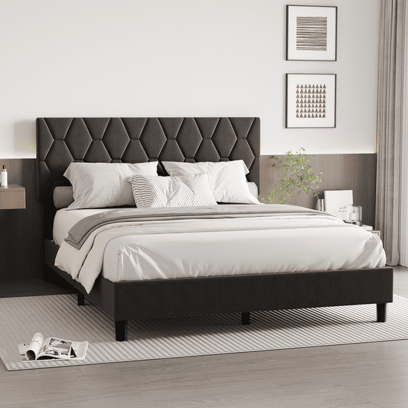 CazToi King Size Gray Upholstered Platform Bed Frame with Adjustable Headboard