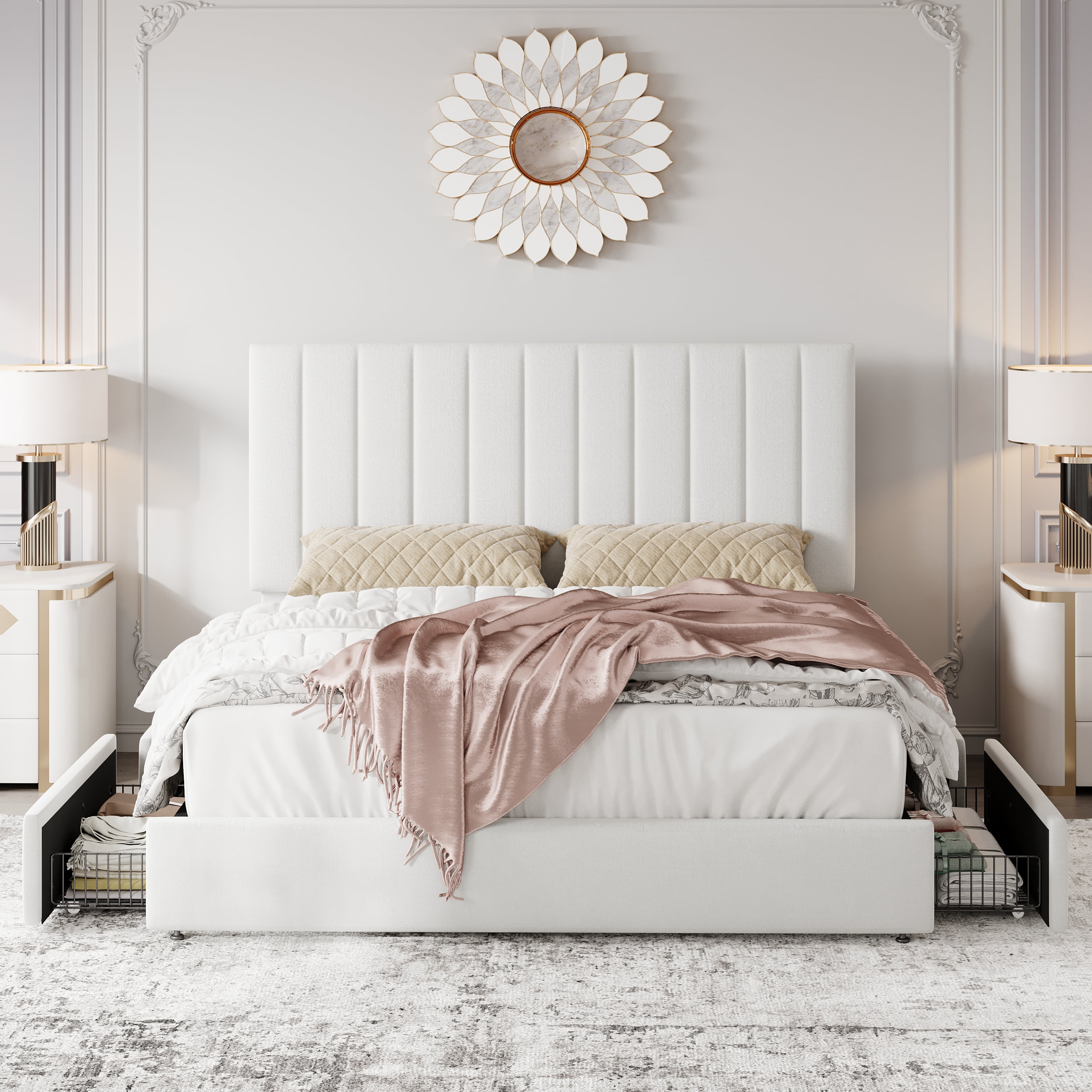 Einfach Full Bed Frame with Adjustable Upholstered Velvet Headboard and 4 Storage Drawers, No Box Spring Required, White