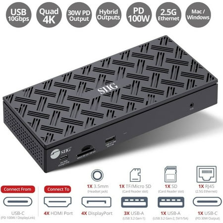 UPC: 0662774045122 | SIIG USB-C Quad Hybrid 4K Video Docking Station with 100W PD – USB-C to HDMI or DisplayPort – USB 10Gbps Data Transmission – 2.5G Ethernet