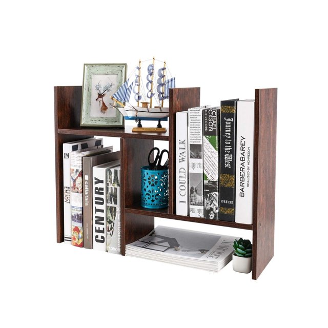 Adjustable Desktop Shelf Wood Small Bookshelf Desk Supplies Organizers and Accessories Storage Display Rack Office Decor, Brown