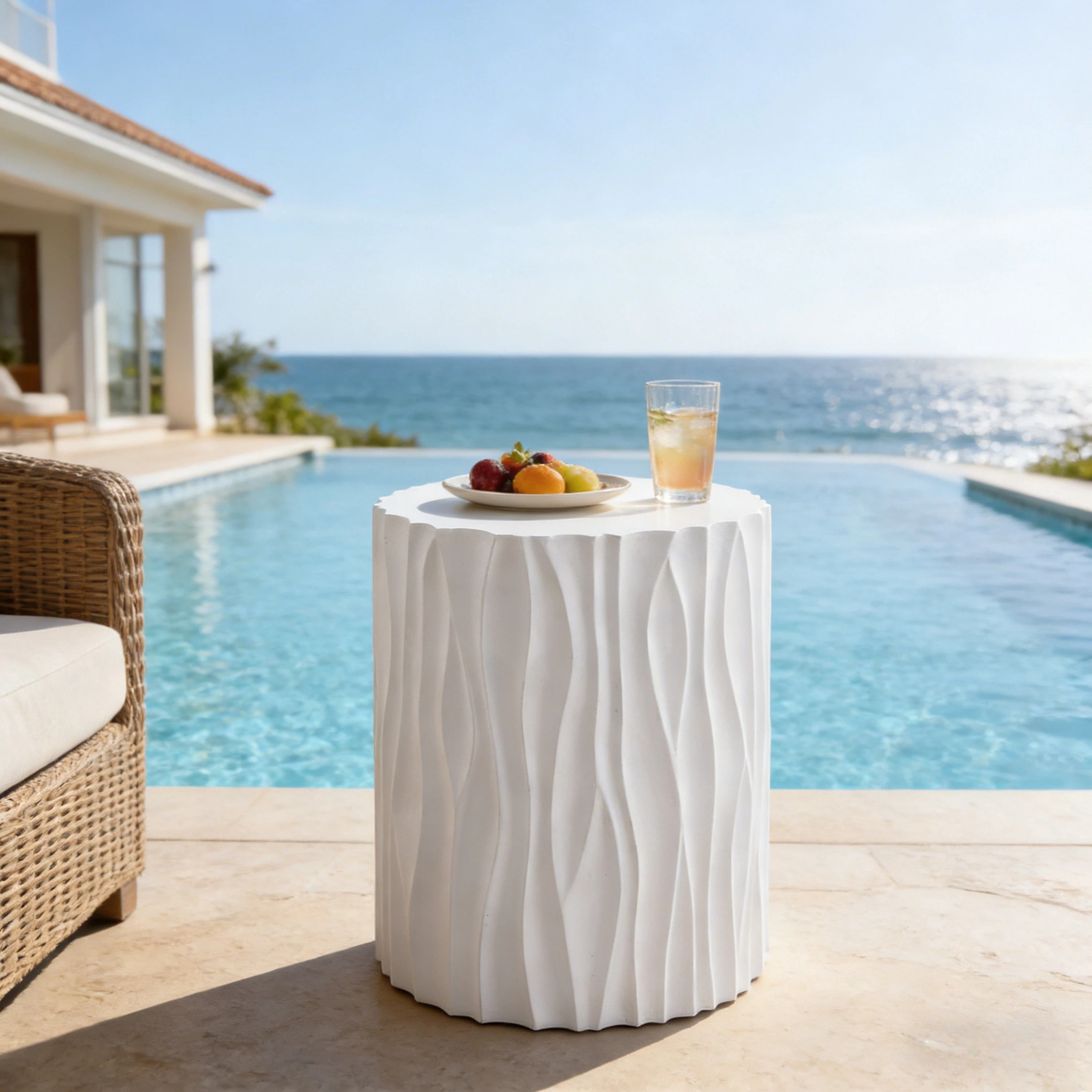 Side Table, Outdoor White Wavy Fluted Design Table for Patio Balcony Garden, White
