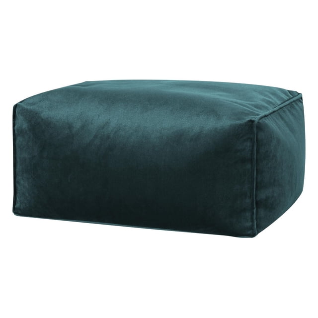 Dark teal velvet rectangular ottoman with soft texture and stitched edges for home decor.