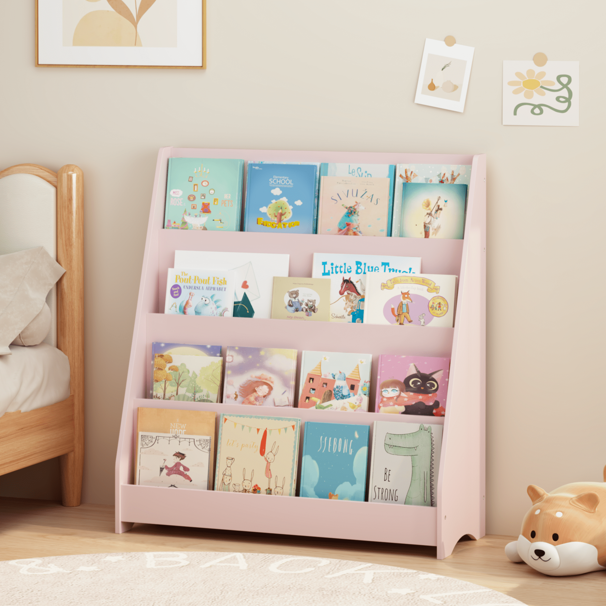 4-Tier Kids Bookshelf, Toddler Book Display Shelves, Helps Keep Bedrooms, Playrooms, and Classrooms Organized, MDF, Pink
