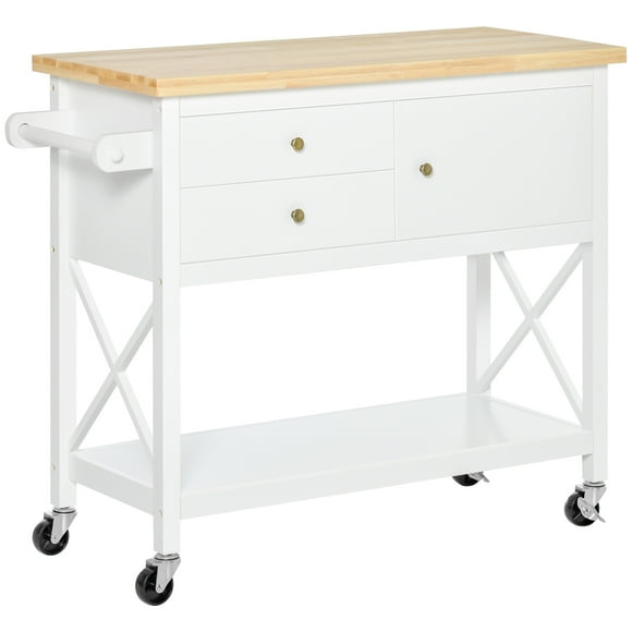 HOMCOM Kitchen Island Cart with Storage Drawers Rubber Wood Tabletop