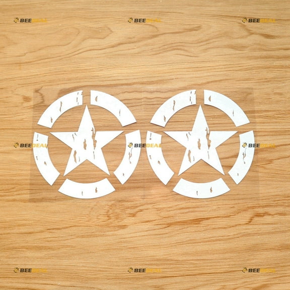Army Star WW2 Sticker Decal Vinyl Distressed Tattered - 2 Pack White 5" - Fit For Ford Chevy GMC Toyota Jeep Car Pickup Truck Die Cut No Background