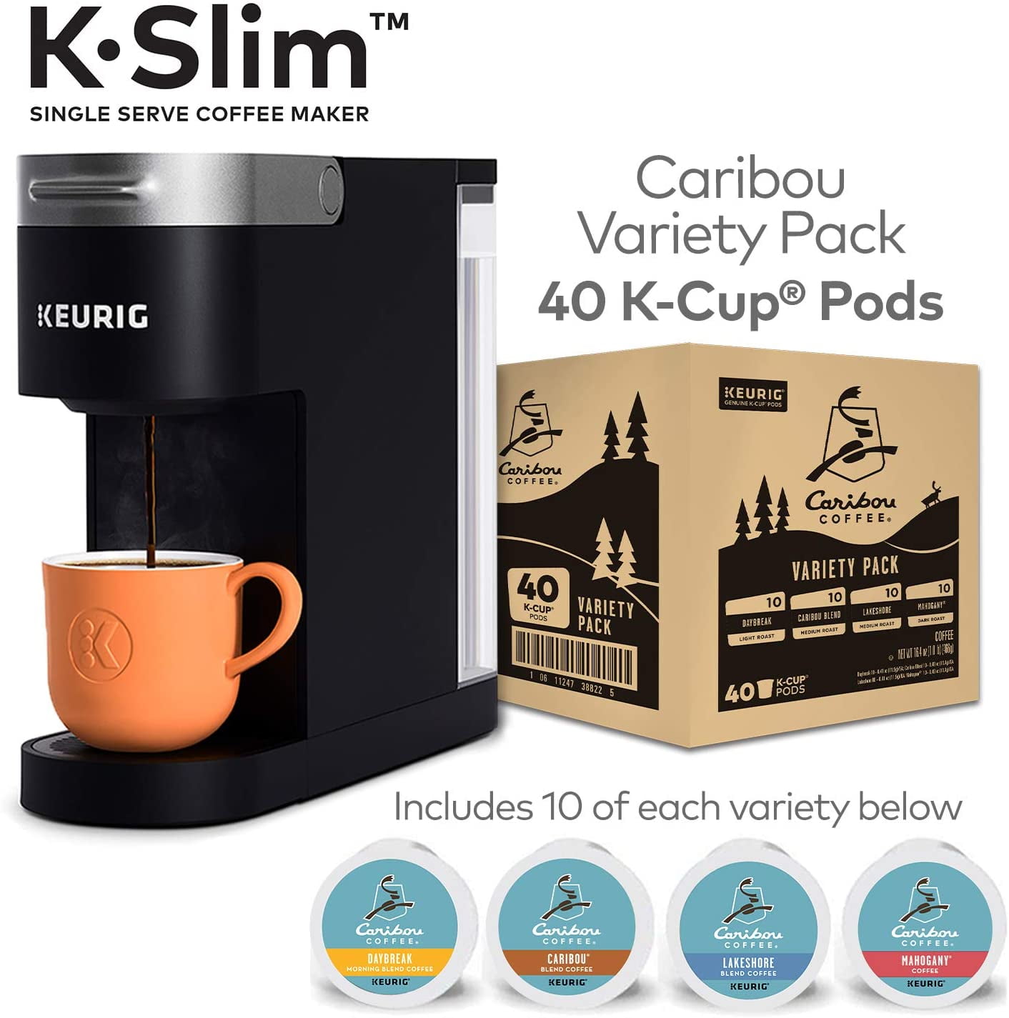 Keurig KSlim Coffee Maker with Caribou 40 Count Variety Pack Coffee