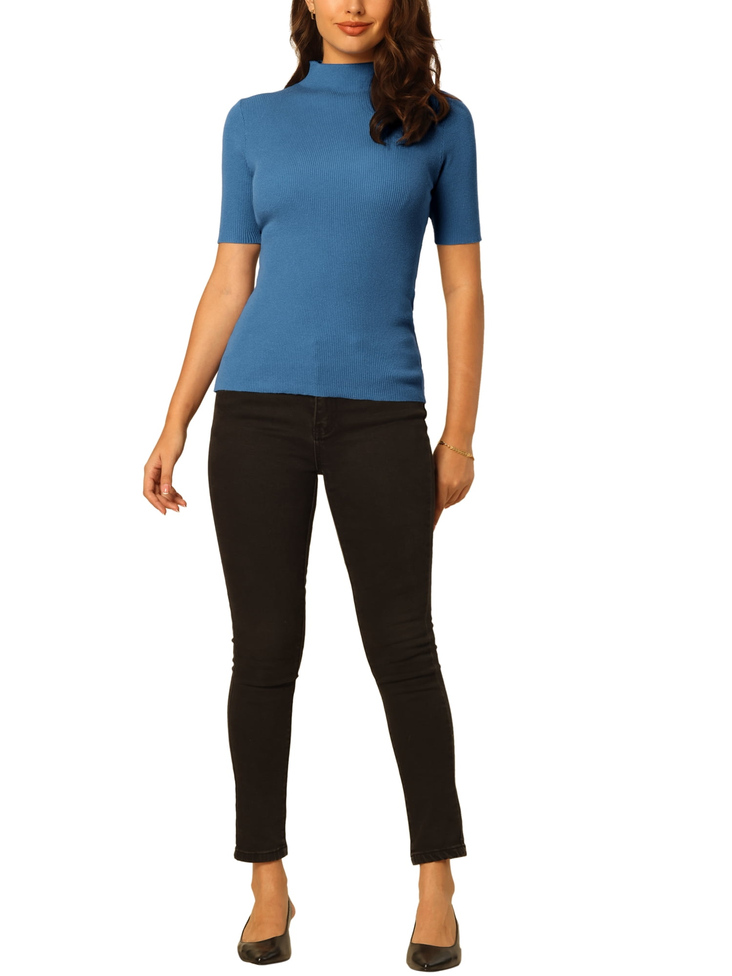 Unique Bargains Women's Mock Neck Blouse Half Sleeve Basic Knitted Tops Blue XL