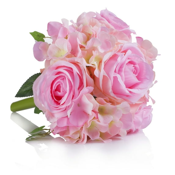 Enova Home 12" Mixed Artificial Silk Roses and Hydrangea Fake Flowers Bouquet Set of 2 (Pink)