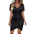 thumbnail image 3 of TaTaai Women Solid Loose Casual Satin Short Sleeve V-Neck Ruched Dress Fashion Elegant Dress Ladies Daily Commute Party Festival Wear Lightweight Breathable No Fading Stylish Dress Gift, 3 of 5