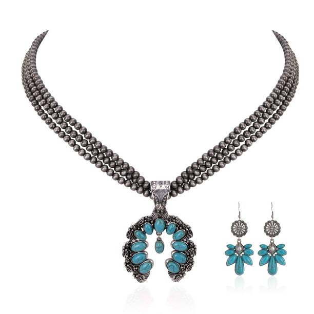 Conjunto de collar y pendientes para mujer, estilo rústico, de alta costura, vaquera, turquesa