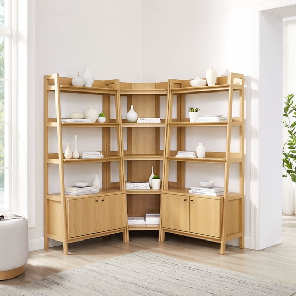 Bixby 3-Piece Corner Bookshelf Set with Wide Bookshelves in Oak