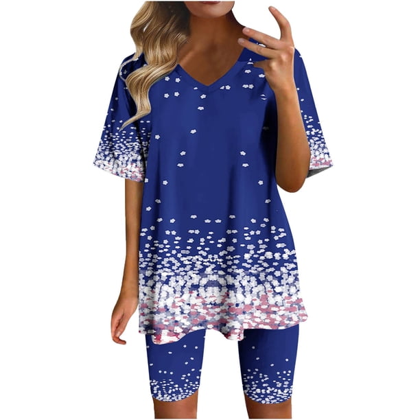 Blusas para Mujeres Casual Cuello en V Impresión de Manga Corta Blusa Y Pantalones Cortos Dos Piezas Pantalones Conjunto