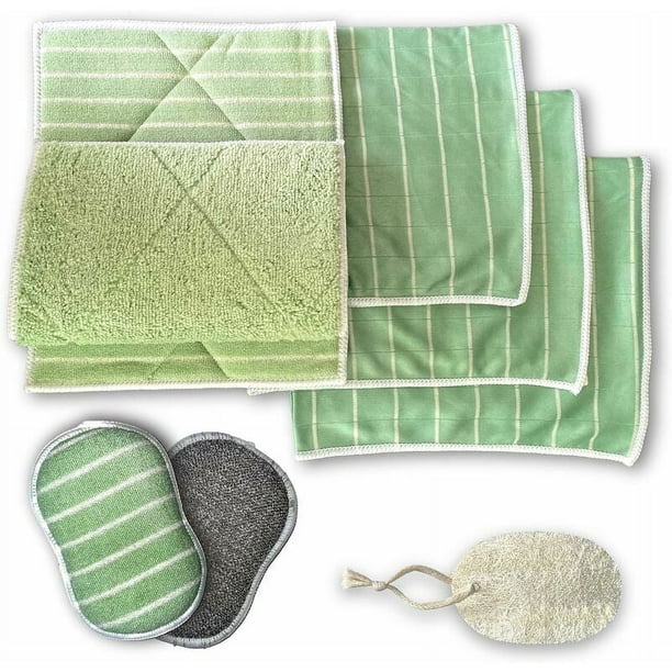 Paño de microfibra de bambú 8 piezas, 3 esponjas GRATIS para limpiar, pulir ventanas, encimeras, placas de inducción, platos, automóviles, vasos Juego de paños de cocina Paños de esponja