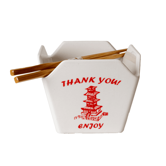 Chinese Takeout Box Style Porcelain Bowl with Chopsticks Classic Pagoda Design 18 fl oz Square Shape