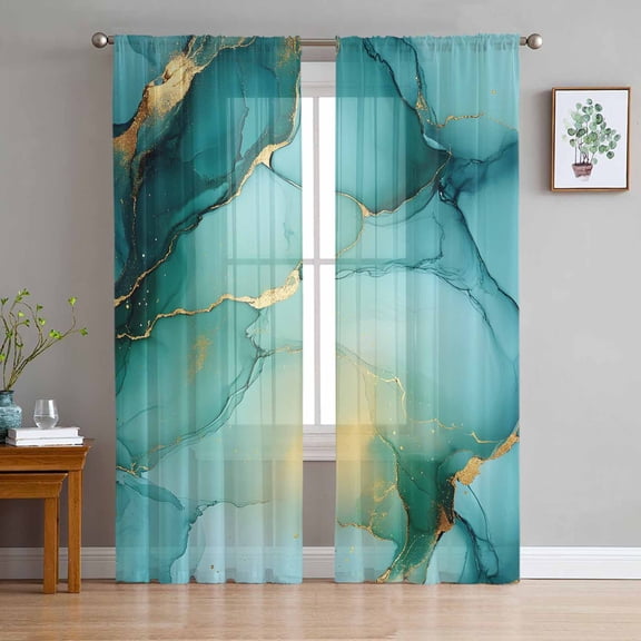 Teal Marble Sheer Curtains 84 Inch Length 2 Panels Set for Living Room/Bedroom, Abstract Modern Ink Painting Art Semi Curtain Sheers Drapes Rod Pocket Curtains Window Treatment Set 52''x84''x2