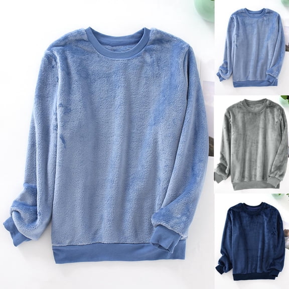 Mineart Men's Crew-Neck Winter Pajama Top Long Sleeves Sleep T-Shirt Ribbed Cuffs Solid Pullover Loungewear Top