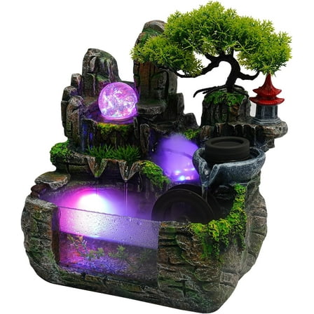 Water Fountain Rockery Ornaments Indoor Resin Mini Waterfall Fountain with LED Lights Multi Functional for Meditation Relaxation and Humidifying Wall Outlet Water Fountain Wall Outlet Water Fountain