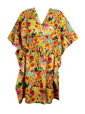 Mogul Women Yellow Floral Tunic Dress Cotton Kimono Sleeves Knee Length Comfy Loose Kaftan Beach Cover Up Short Caftan Dresses XL