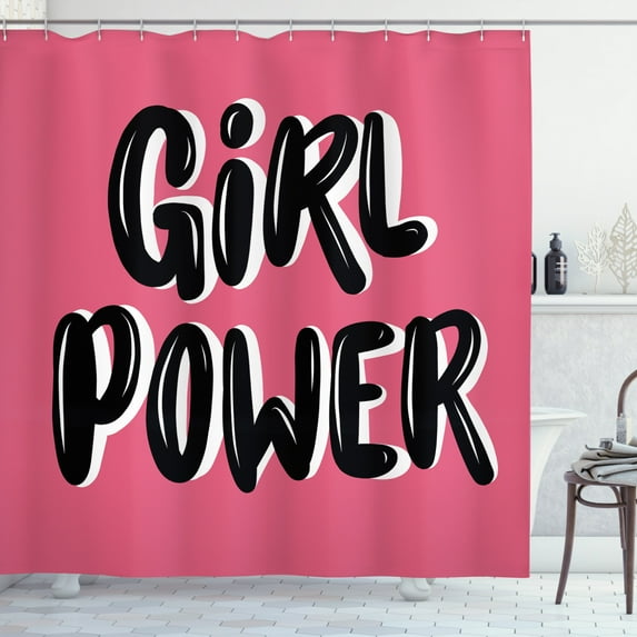 Girl Slogan Shower Curtain, Chunky and Pop Girl Power Text Glamour Handwritten Design, Fabric Bathroom Set with Hooks, 69"WX70"L, Charcoal Grey Dark Pink White, by Ambesonne