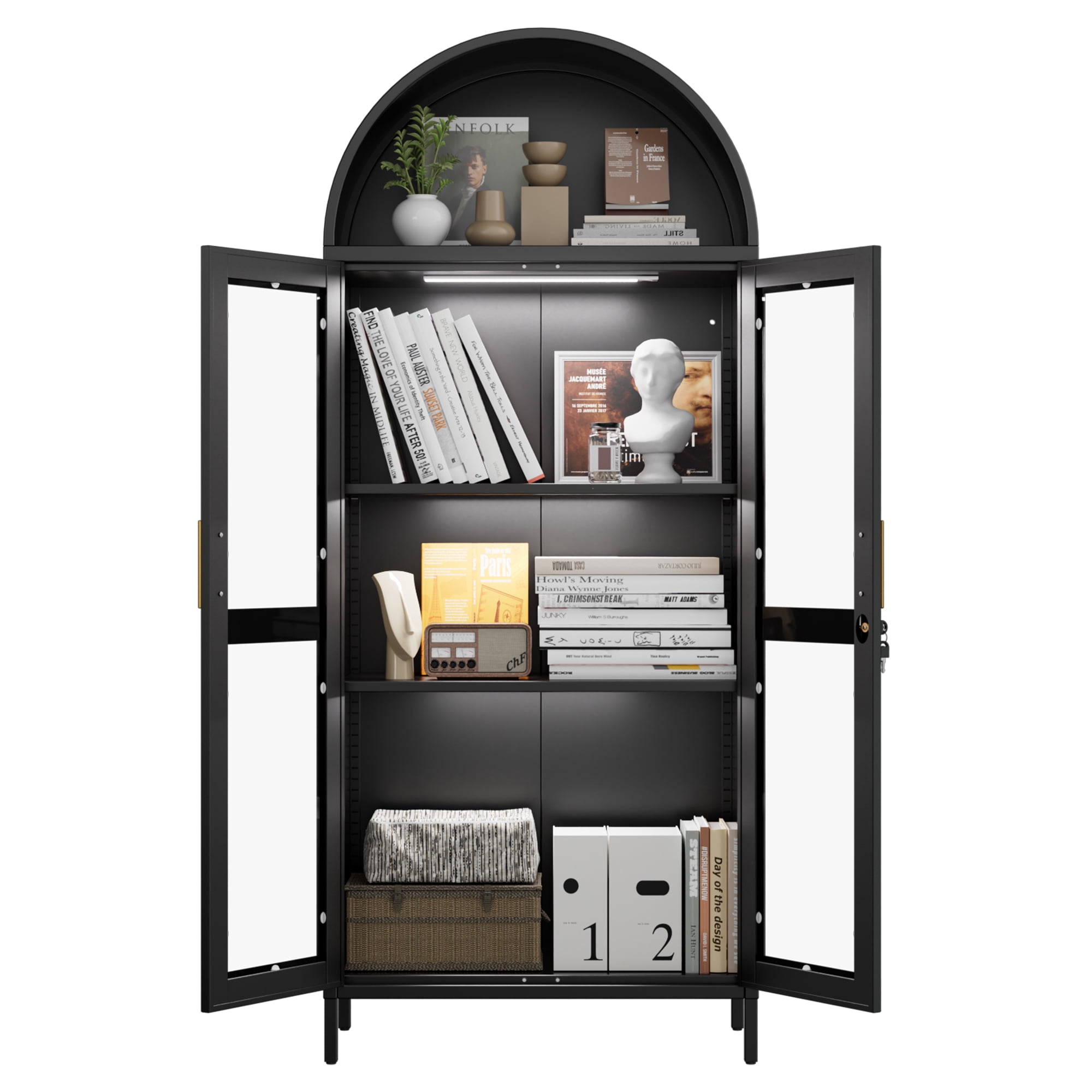 SUPEER Metal Arched Storage Display Cabinet with LED Strips and Glass Doors, Lockable Cabinet, Assembly Required, Black