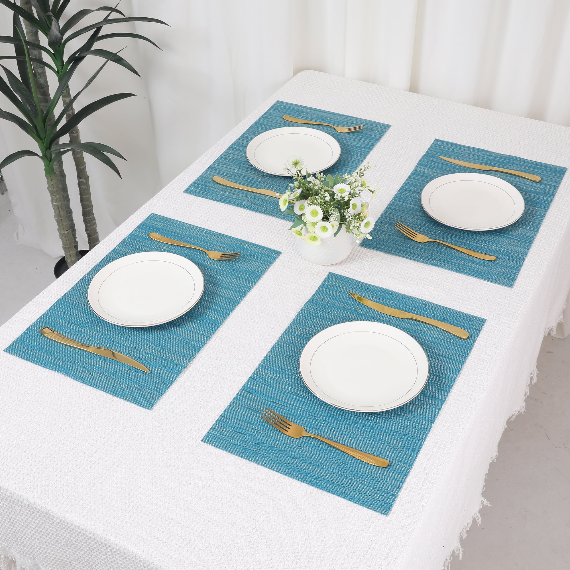Unique Bargains 6pcs Placemats for Kitchen Dining Table Washable Wipeable Mat Blue
