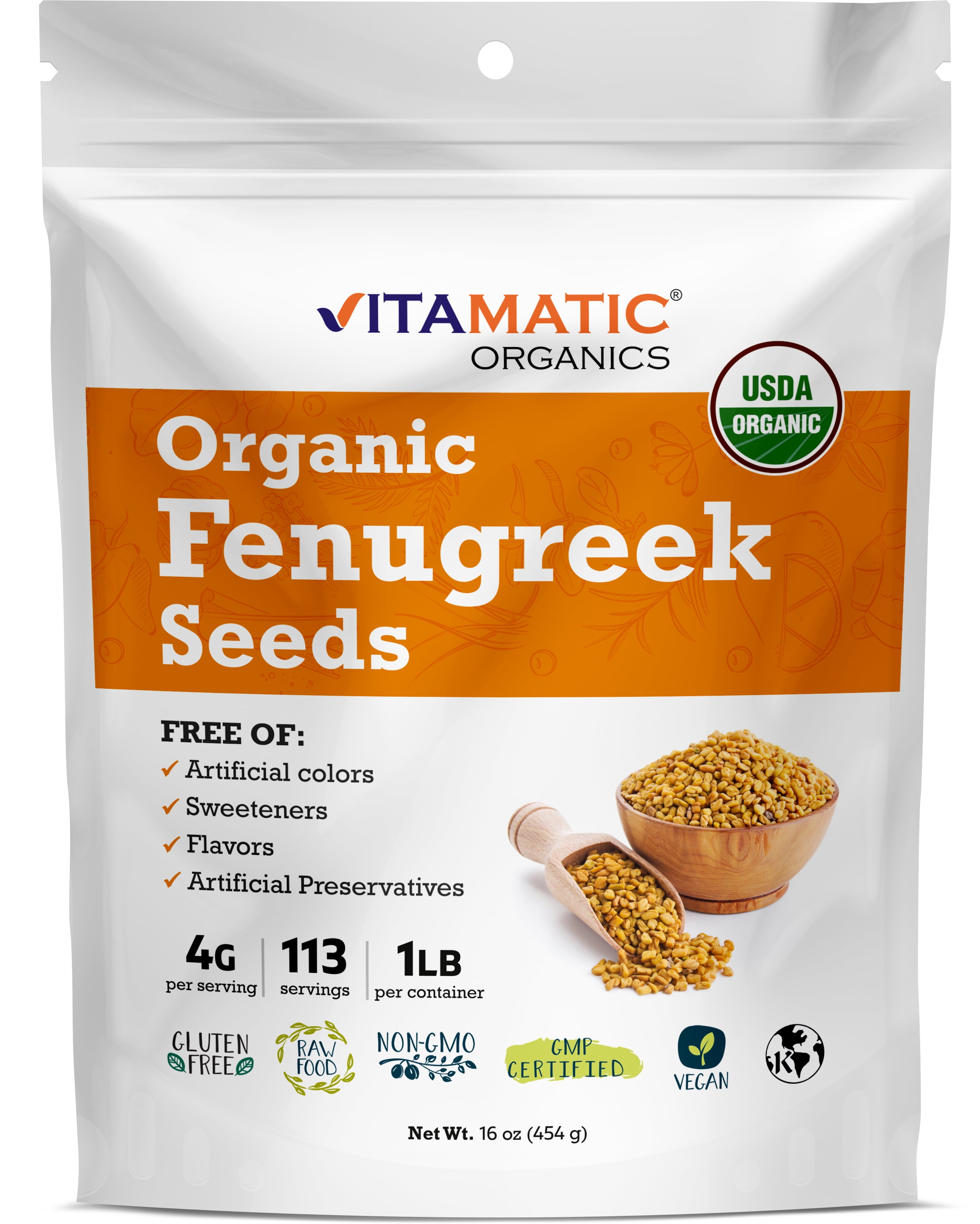 Vitamatic Certified USDA Organic Fenugreek Seeds 1 Pound (16 Ounce
