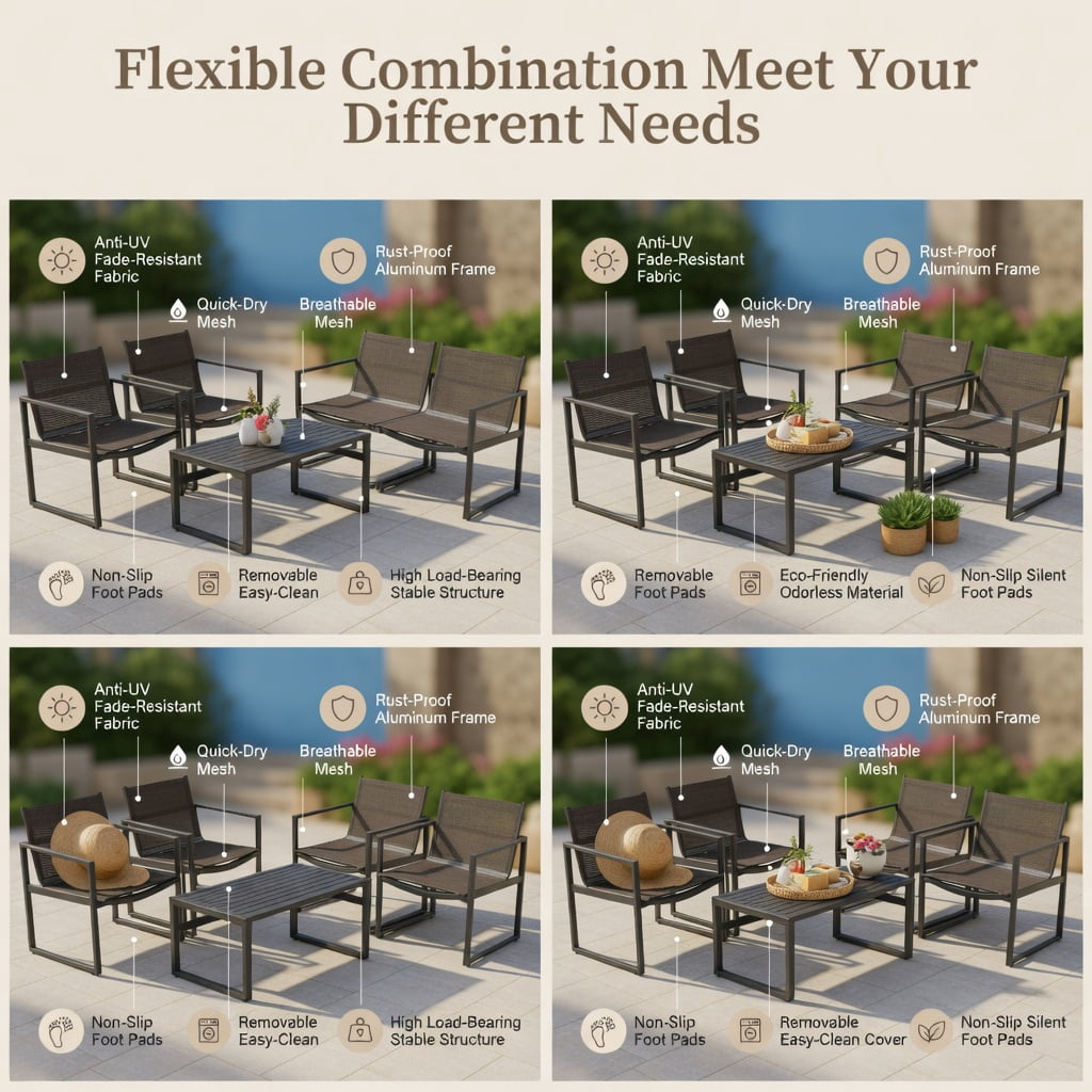 Hommoo 4-Piece Modern Outdoor Patio Conversation Set, Steel Frame Sofa Loveseat with Coffee Table, Weather-Resistant Polyester Rope Design for Backyard, Poolside & Balcony, Brown and Black