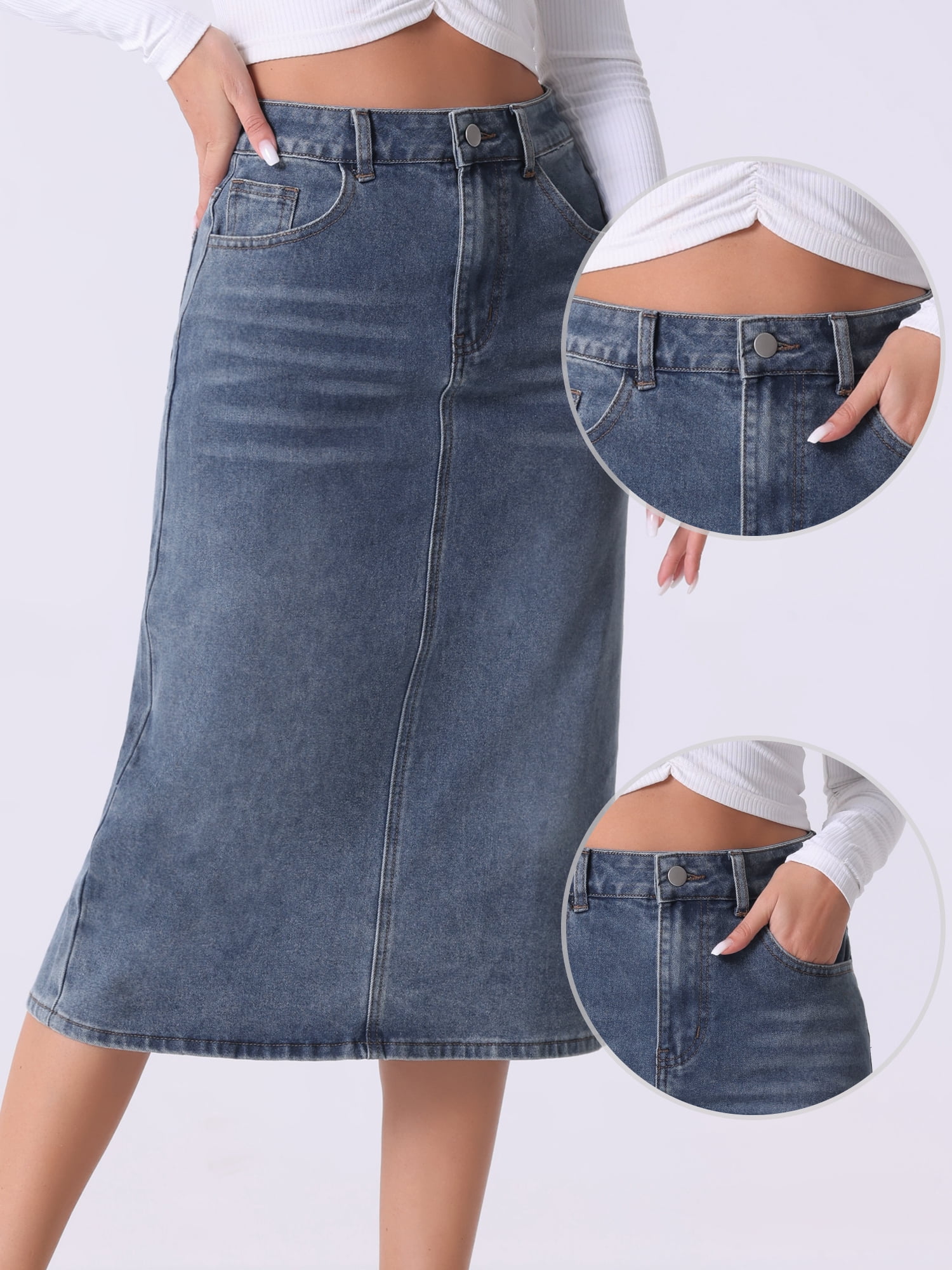 DARING DIVA Women's Zipped and Button Denim Split Back Pockets Midi Jean Skirts L Grey Blue