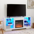 thumbnail image 3 of Lighted TV Stand Electric Fireplace TV Stand with Glass Shelves, 3D Fireplace TV Stand with LED Light Wood Open Shelves Table for TV up to 60-65",White, 3 of 13