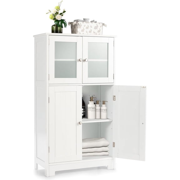 LOKO Tall Bathroom Cabinet, Modern Storage Organizer with Doors & Open Shelves, Wooden Floor Cabinet with Adjustable Shelves for Bathroom, Living Room or Kitchen (Grey)