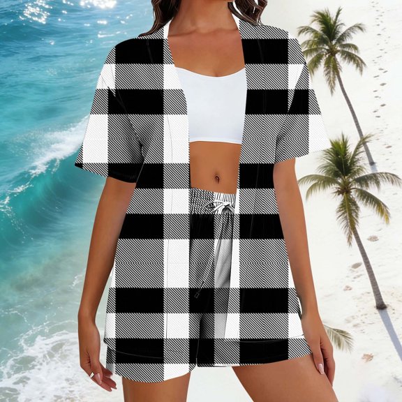 BRGZLK Women's 2 Piece Outfits Sets Casual Color Block Comfy Loose Short Sleeve Cardigan Shirt Loose High Waisted Side Pocket Shorts Breathable Set Black M