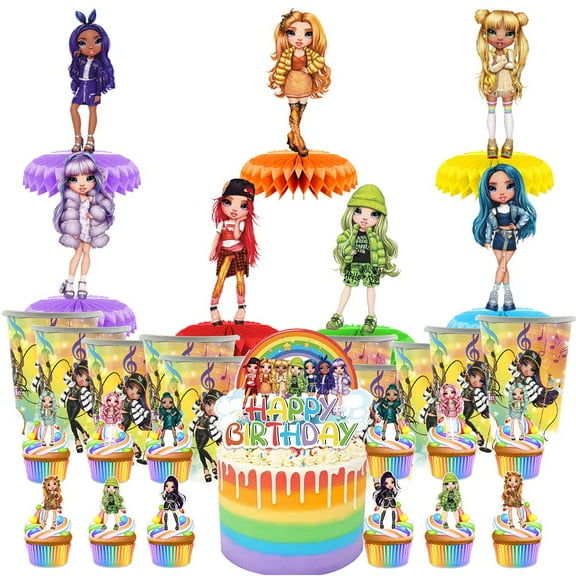 Rainbow High Dolls Party Supplies Decor Cups Fans Decorations Honeycomb Centerpieces Cake Toppers