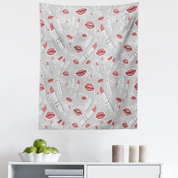 Hipster Tapestry, Make up Pattern Lips and Lipstick Fashion Girl Theme Beauty Treatment Cosmetic Design, Fabric Wall Hanging Decor for Bedroom Living Room Dorm, 5 Sizes, Red Grey, by Ambesonne