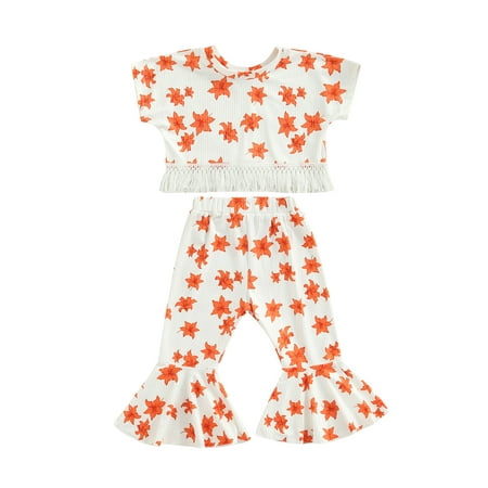 

Sunisery Infant Kids Baby Girls Summer Outfit Short Sleeve Tassel Hem Tops + Floral Flared Pants 1-5T