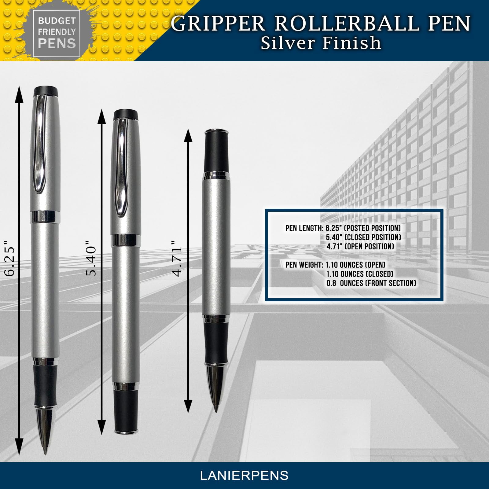 Gripper Rollerball Pen - Silver with Anti Slip Grip (Budget Friendly Pen)