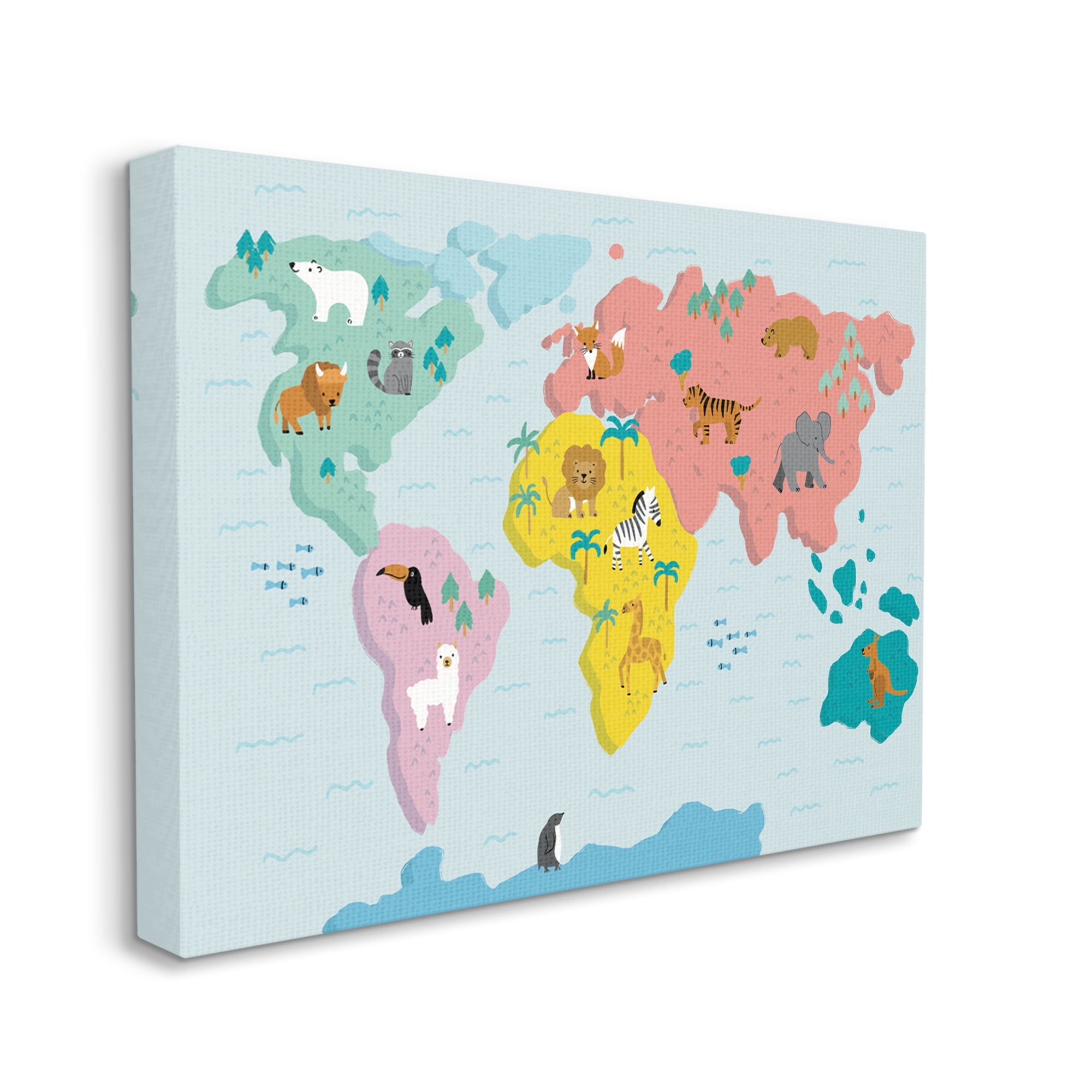Stupell Industries Whimsical Wildlife World Map Travel & Places Painting Gallery Wrapped Canvas Art Print Wall Art, 48 x 36