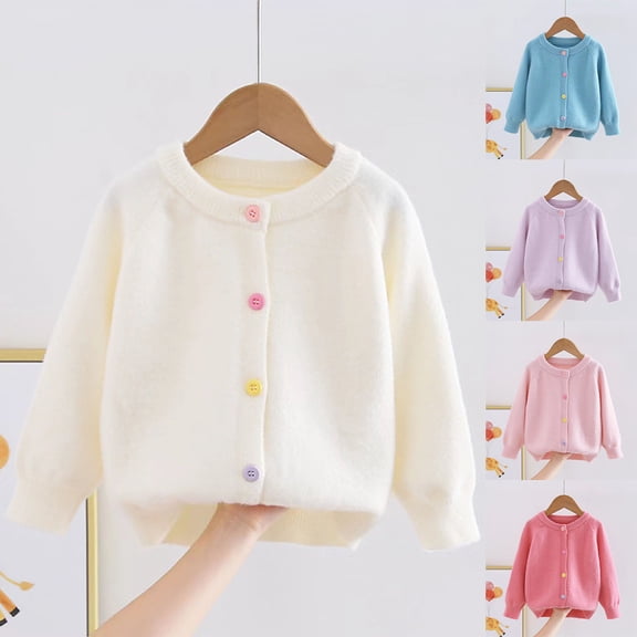 Afuyipoi Girls Knitted Cardigan Size 2-11 Solid Color Long Sleeve Round Neck Fleece Sweater for Kids School Casual White Size 3T