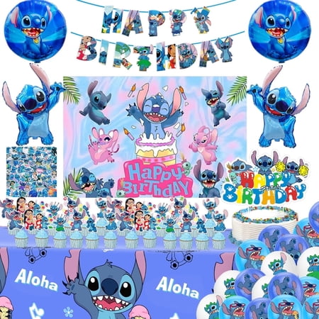 Stitch Birthday Party Supplies for Kids - Kawaii Birthday Decorations Set with Banners Backdrops Tableware Stickers Balloons and Cake Toppers