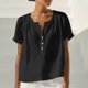 thumbnail image 4 of Craaazy Women's Casual V Neck Blouse, Solid Color Short Sleeve Cotton Linen Top, Loose Fit Comfy Henley Tunic for Daily Wear Gifts, 4 of 9