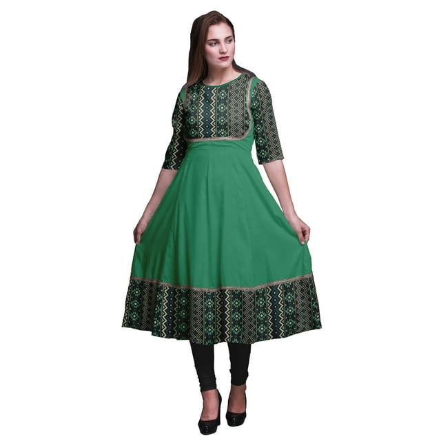 Bimba Robe Anarkali Imprimée Géométrique Ikat Gris Foncé Longue Robe Maxi Kurtis Indiens pour Femmes Kurti Ethnique Moyen